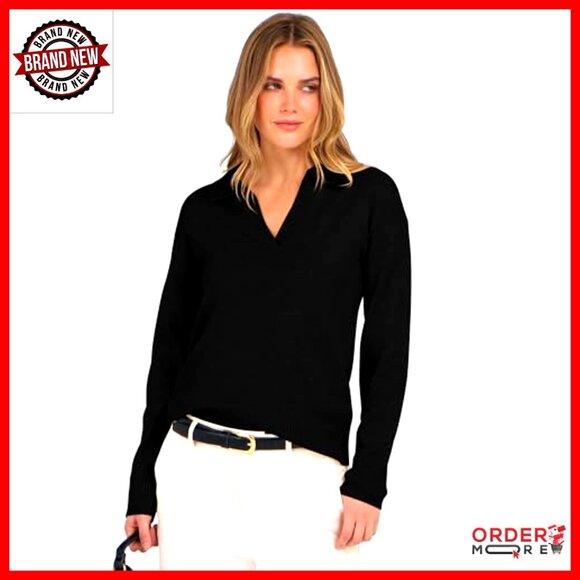Long Sleeve V-Neck Polo Sweater Pullover Top Lightweight Business Casual - Picture 4 of 7